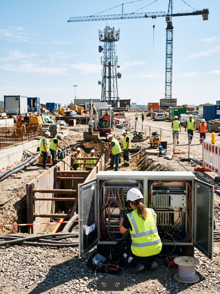 Chantier d'infrastructure télécom et génie civil.